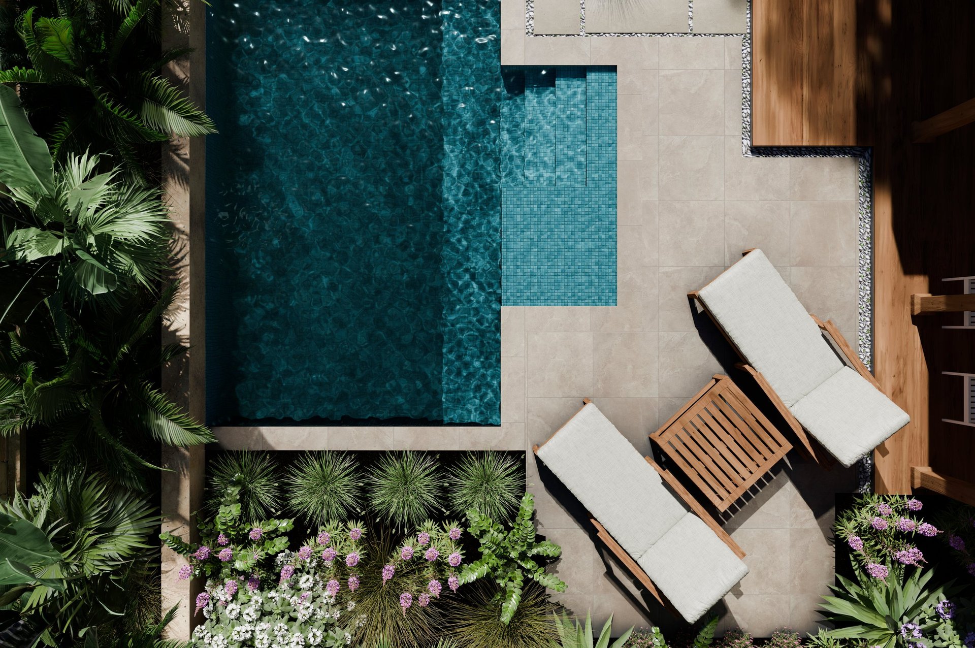 Aerial view of luxury swimming pool design and garden landscaping. Modern beach house architecture with tropical palms.