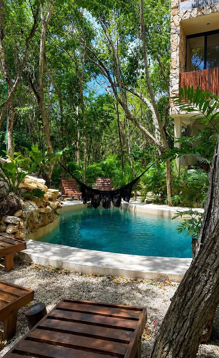 Tropical resort pool surrounded by tall trees and stone architecture with wooden loungers in foreground