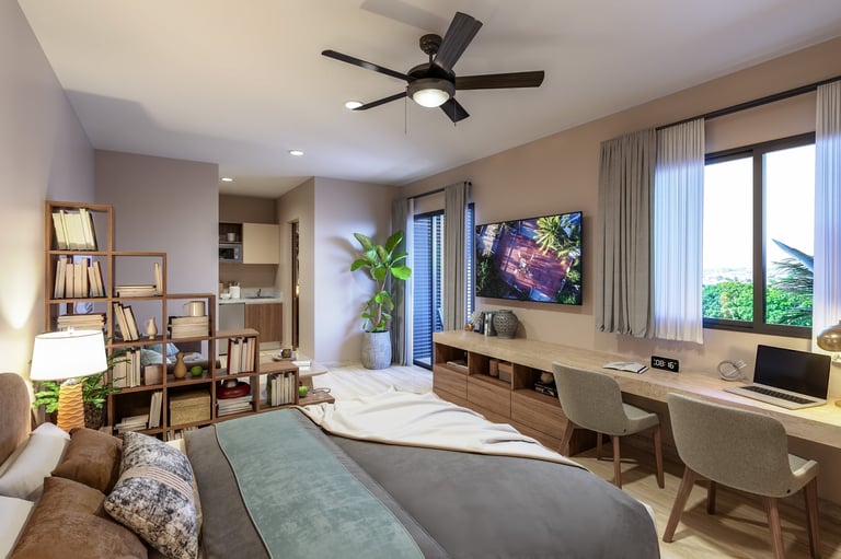 Modern bedroom with bed, desk workspace, shelving unit, ceiling fan, wall-mounted TV, and large windows with natural light