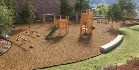 Outdoor playground design with wooden play structures, slides, climbing equipment