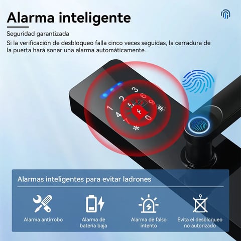 Smart alarm system device with biometric fingerprint scanner showing security features for theft prevention and low battery alerts