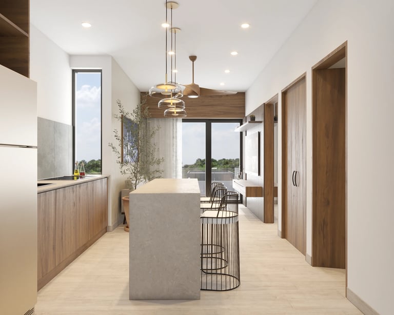 Modern kitchen interior with wood and white cabinetry, gray island, pendant lighting, and wood-framed doors
