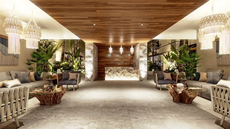 Modern luxury hotel lobby with symmetrical seating areas, potted plants, wooden ceiling, crystal chandeliers, and neutral tones