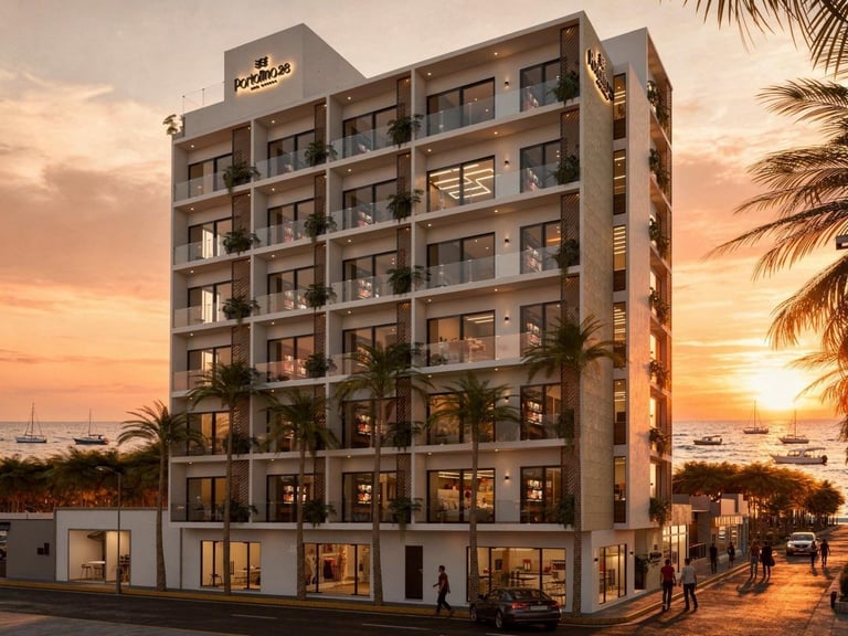 Modern multi-story residential building at sunset with palm trees, waterfront view, and ground-level retail spaces