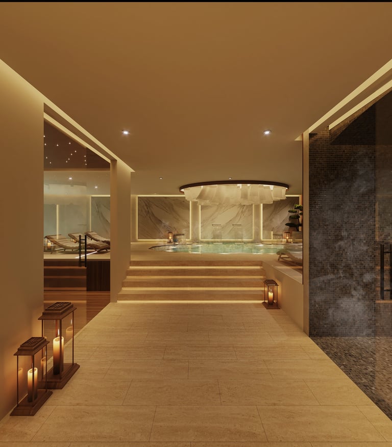 Luxurious modern spa interior with heated pool, ambient lighting, and dark stone accent wall