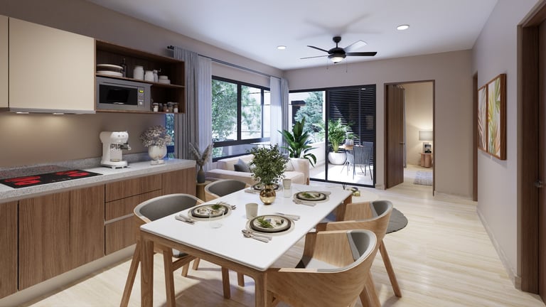 Modern kitchen and dining area with wooden cabinetry, white dining table, mid-century chairs, and large windows opening to outdoor space