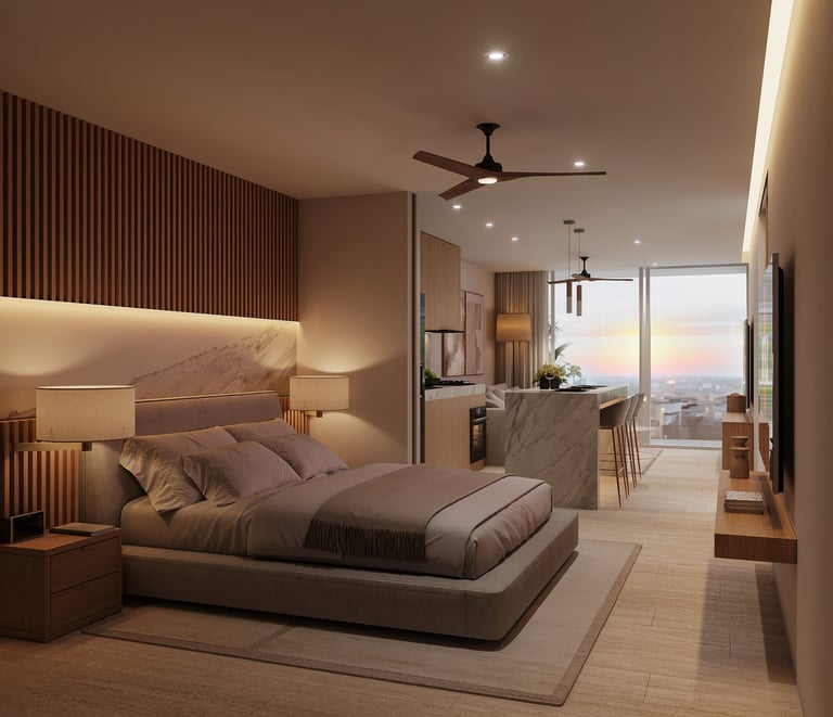 Modern bedroom with platform bed, accent wall, desk area, and floor-to-ceiling windows overlooking cityscape at sunset