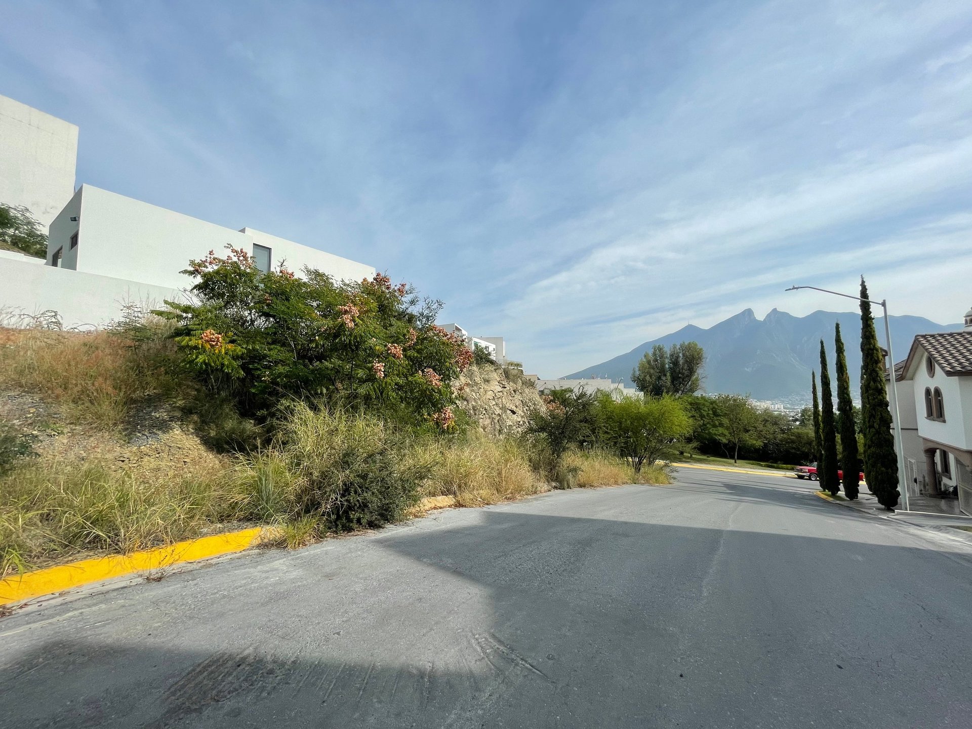 Paved road with yellow curb leading toward mountains, bordered by desert vegetation and modern white buildings under blue sky