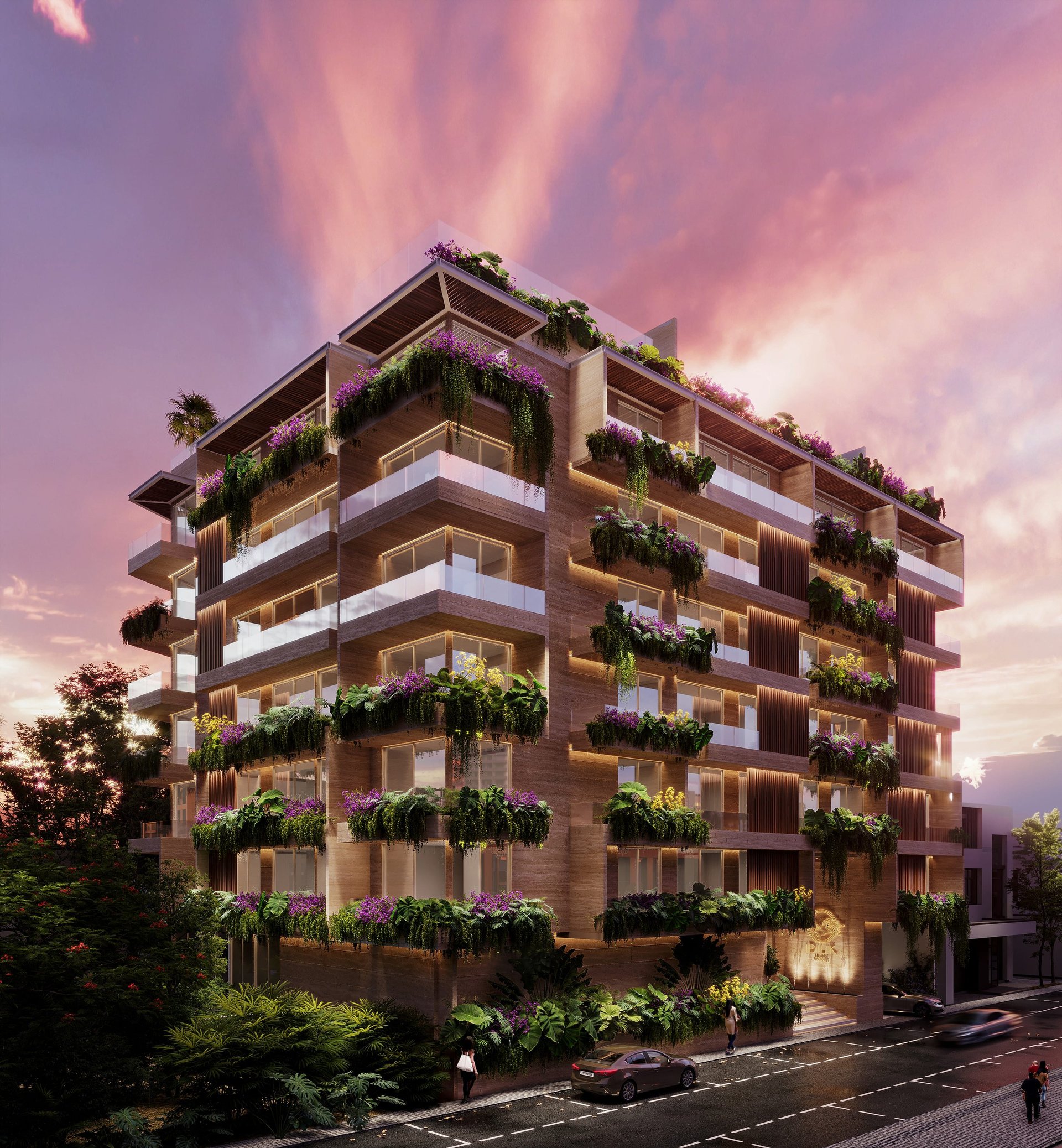 Modern residential building at sunset with terraced greenery, warm lighting, and pink sky