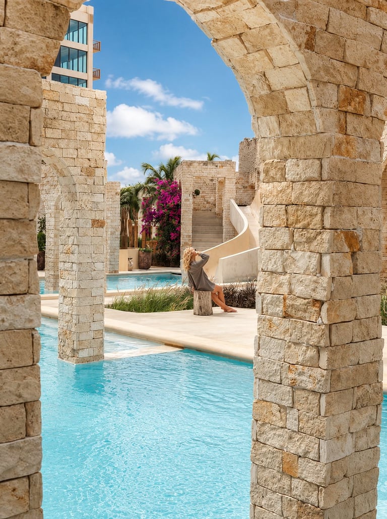 Turquoise pool framed by stone archways at a luxury resort with palm trees and blue sky