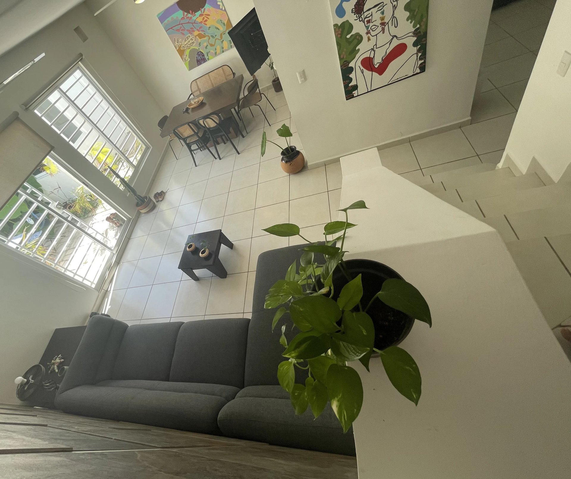 Overhead view of a modern apartment interior with gray sofa, potted plants, dining table, and natural light from windows