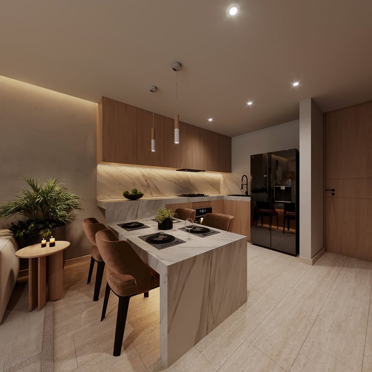 Modern kitchen with wooden cabinets, white island with cooktop, brown chairs, pendant lights, and dining area with potted plant