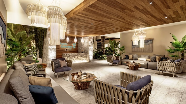 Modern luxury lobby with wood ceiling, elegant chandeliers, potted plants, and contemporary seating arranged around a central coffee table