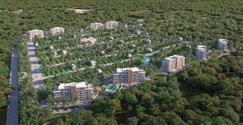 Modern residential towers with green spaces
