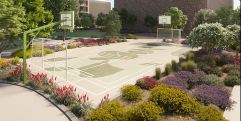 Outdoor basketball and sports court surrounded by colorful landscaped gardens