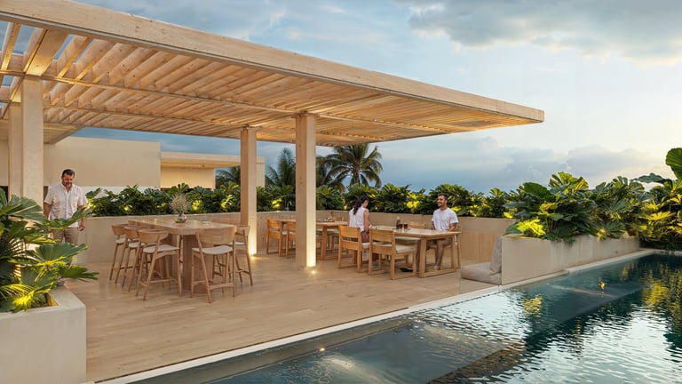 Modern rooftop terrace with wooden pergola, dining areas, and infinity pool overlooking tropical landscape