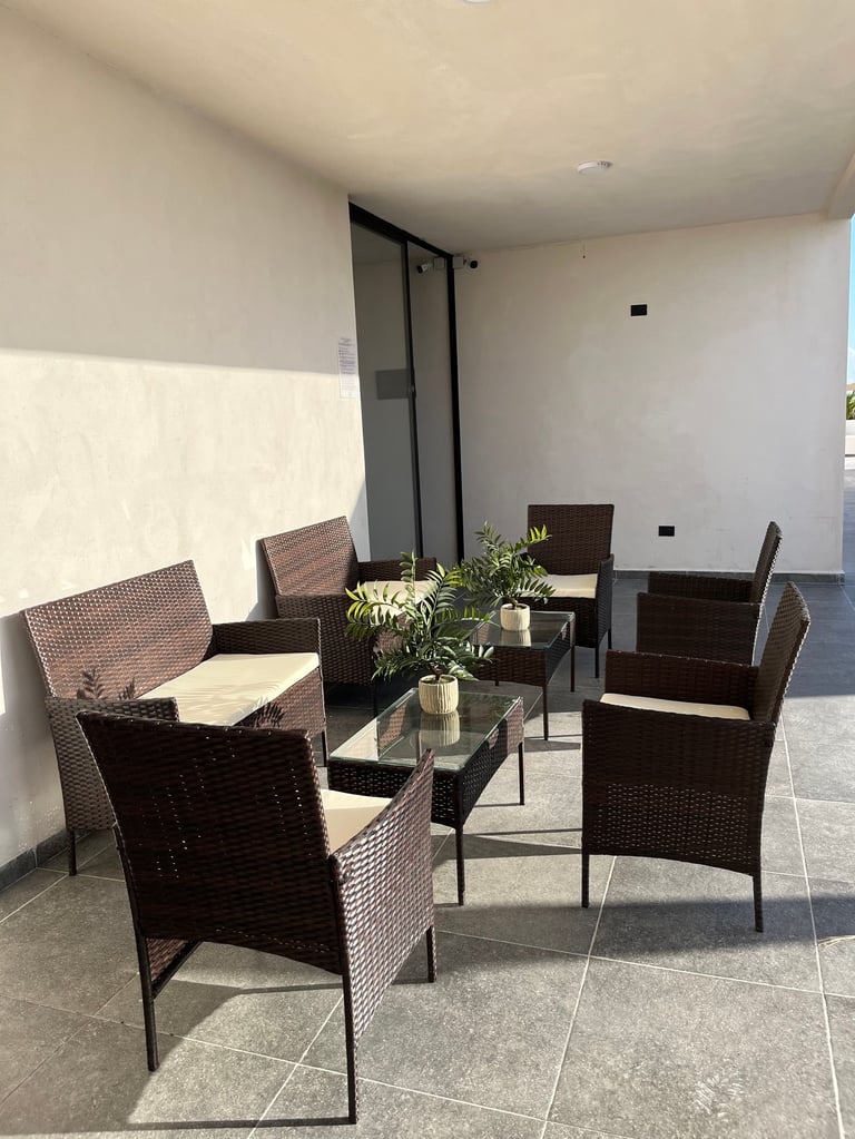 Modern patio seating area with dark rattan chairs arranged around a glass table with potted plants, in a minimalist white interior space