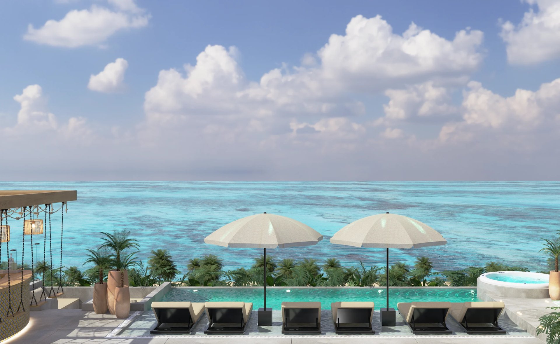 Beachfront resort terrace with loungers, umbrellas, and turquoise ocean view under clear sky