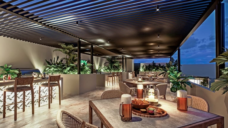 Modern rooftop terrace at twilight with lounge seating, potted plants, and city views under a contemporary pergola structure