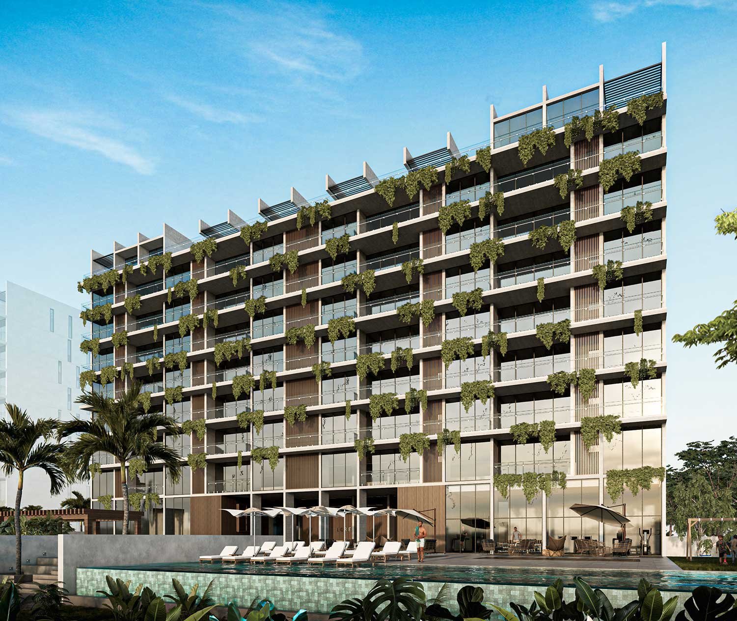 Modern residential building with tiered balconies, green vegetation, and minimalist architecture against a blue sky
