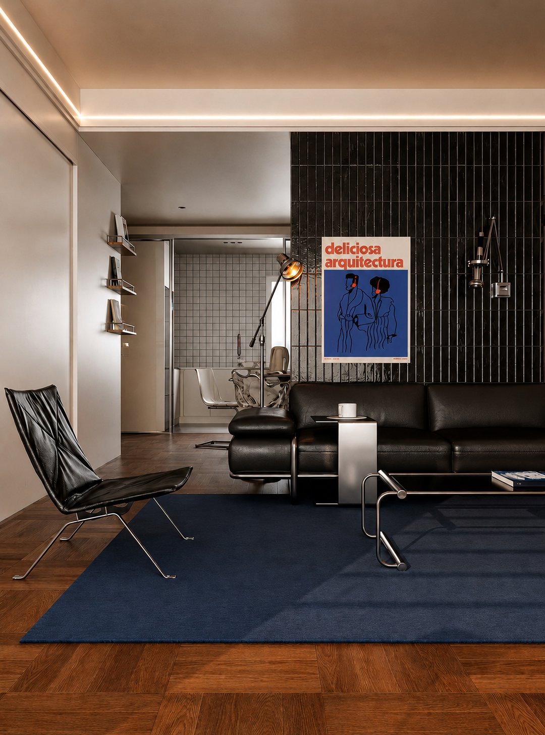 Modern living room with black sofa, metal chair, dark blue rug, wooden flooring, and architectural artwork on black wall