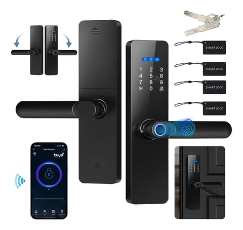Smart lock system with keypad entry, fingerprint scanner, mobile app control, mechanical keys, and multiple black lock units displayed