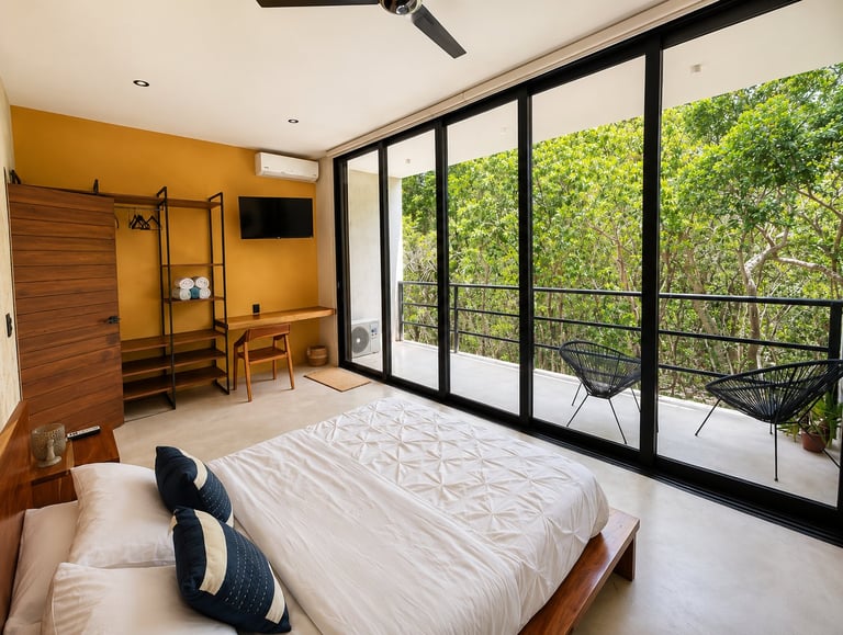 Modern bedroom with orange accent wall, wood furniture, and floor-to-ceiling glass doors opening to a green foliage balcony