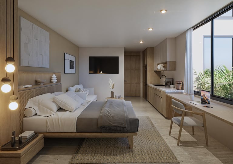 Modern bedroom with queen bed, wall-mounted TV, wood desk by window, and ambient lighting