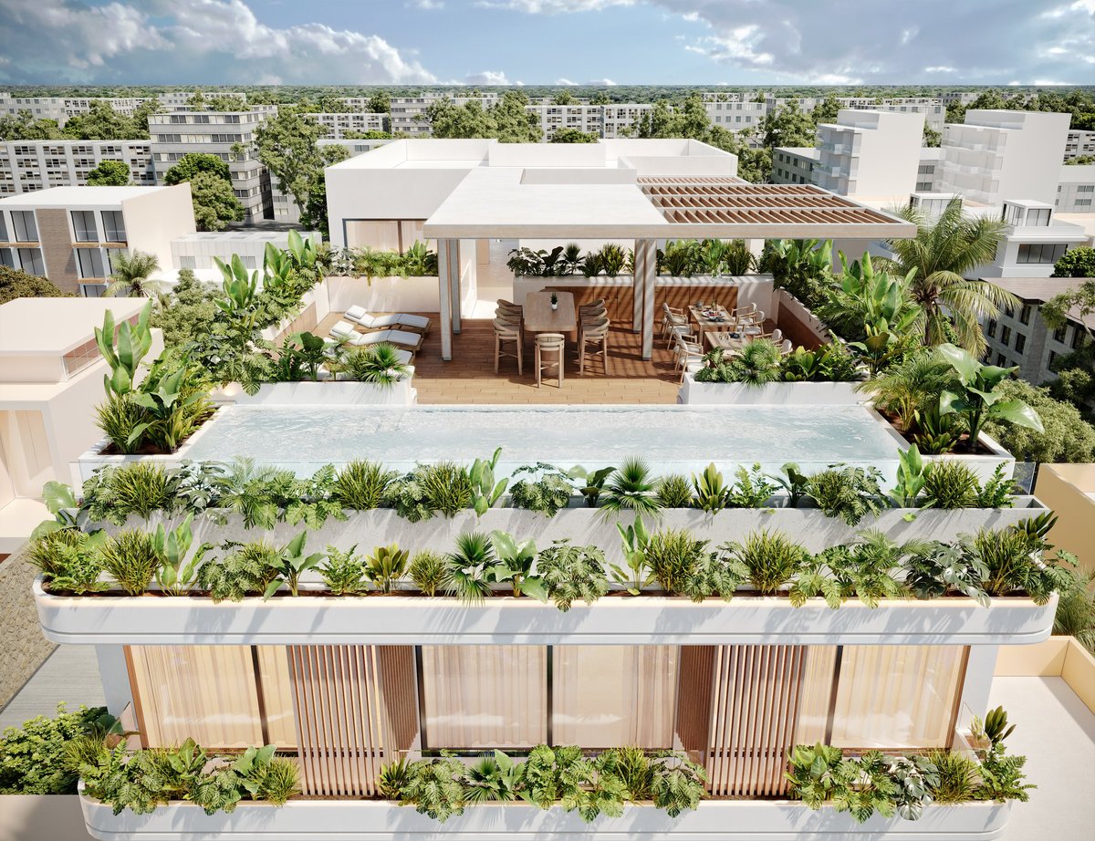 Modern rooftop garden and lounge area with tiered planters, seating, and pergola overlooking urban residential buildings