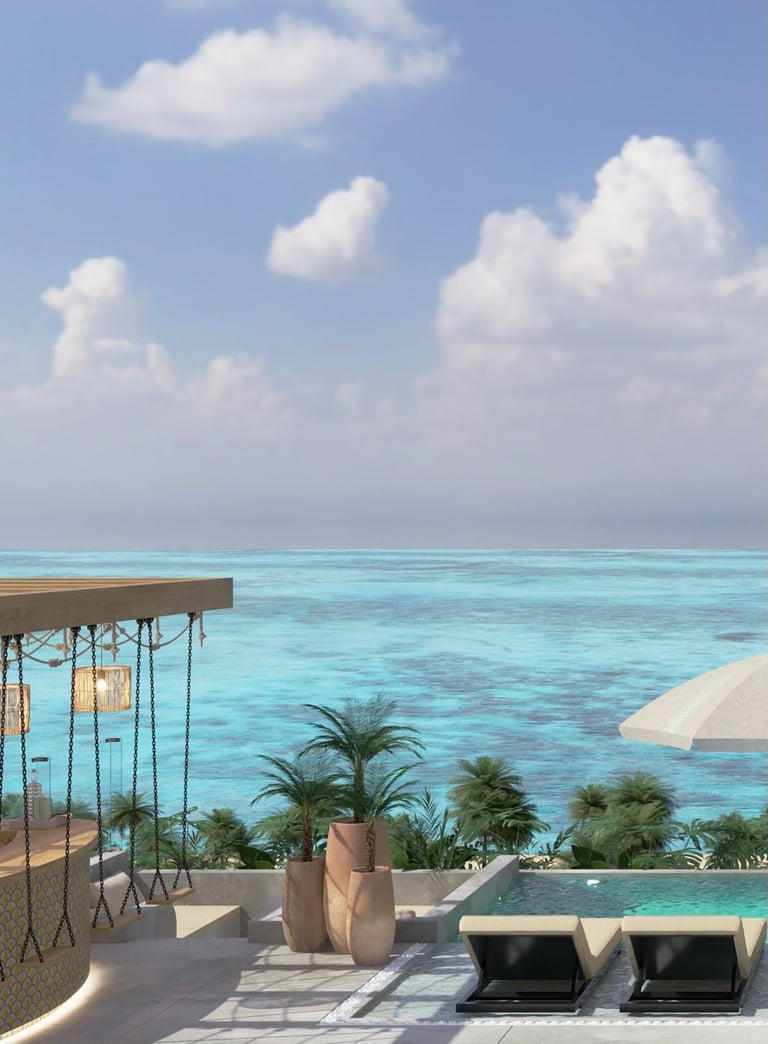 Tropical resort terrace overlooking turquoise ocean with swings, palm plants, loungers, and white umbrellas under blue sky with clouds