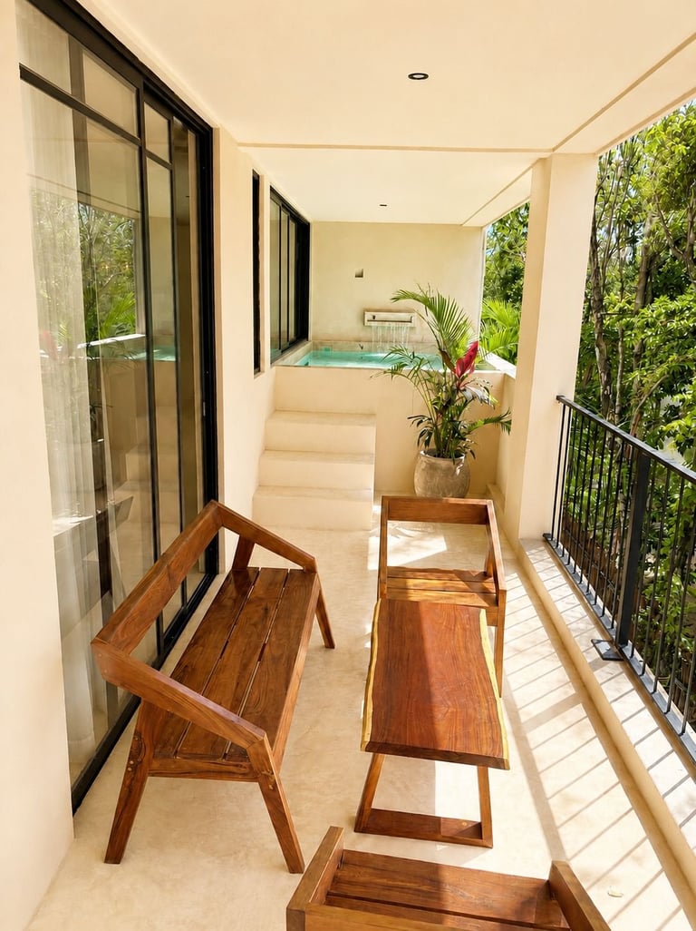 Modern outdoor terrace with wooden chairs, pool access, and lush green surroundings