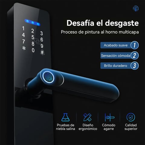 Digital door lock with blue illuminated keypad and handle featuring multi-layer painting process and quality features in Spanish