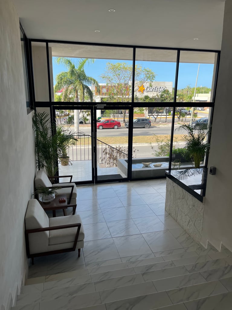 Modern bright entryway with black-framed glass doors and windows overlooking a parking lot, potted plants, and tiled flooring