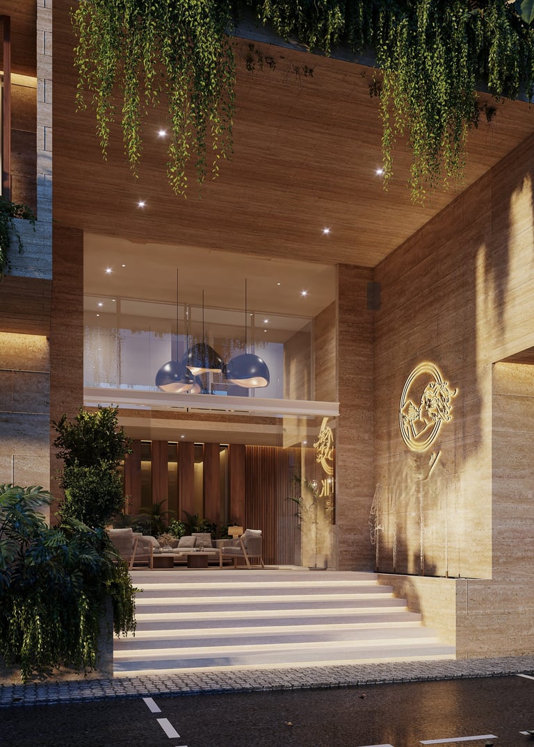 Modern luxury building entrance with wooden facade, hanging plants, illuminated signage, and elegant architectural design at dusk