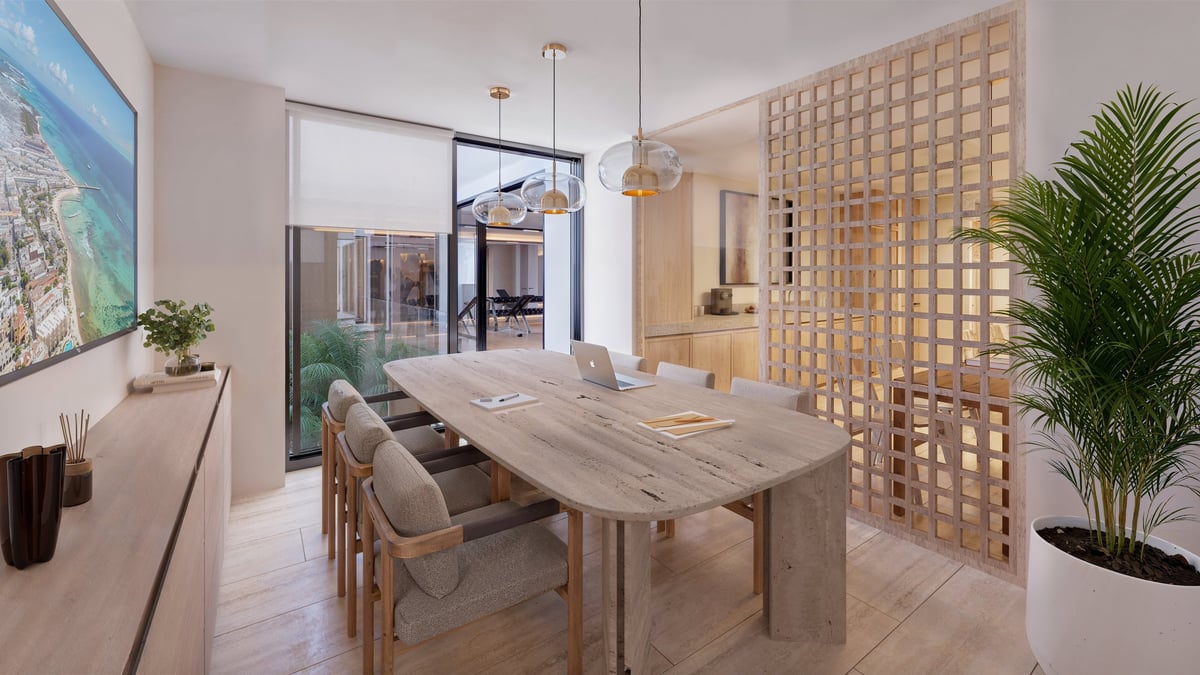 Modern dining room with wooden table, beige chairs, pendant lights, wooden room divider, potted plant, and city view through windows