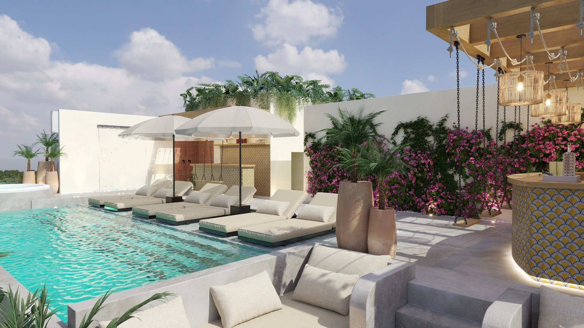 Modern luxury poolside terrace with turquoise swimming pool, white lounge chairs, minimalist architecture, and vibrant magenta bougainvillea flowers