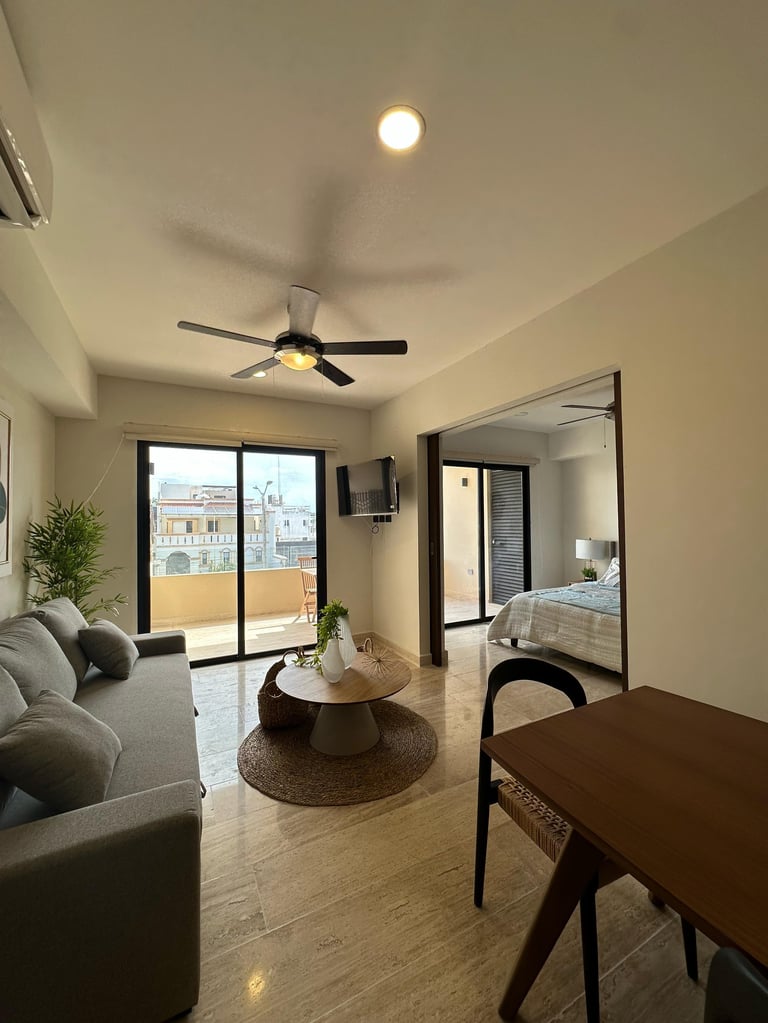 Modern studio apartment interior with ceiling fan, gray sofa, round coffee table, dining area, and bedroom visible through glass doors