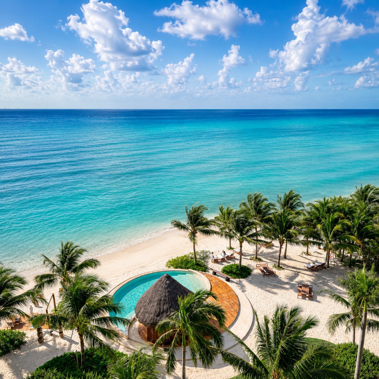Aerial view of a tropical beach resort with a circular pool, palm trees, sandy beach, and turquoise ocean under blue skies