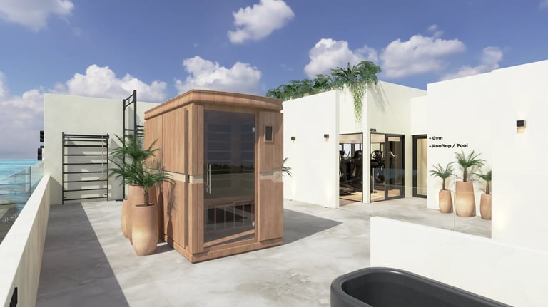 Modern rooftop terrace with wooden sauna cabin, white building, potted plants, and clear blue sky