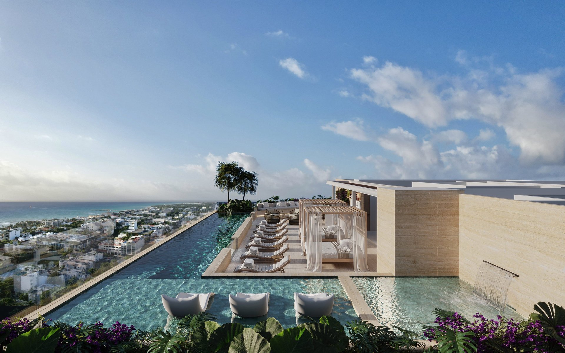 Luxury rooftop infinity pool overlooking coastal city with loungers, modern white building, and blue ocean horizon