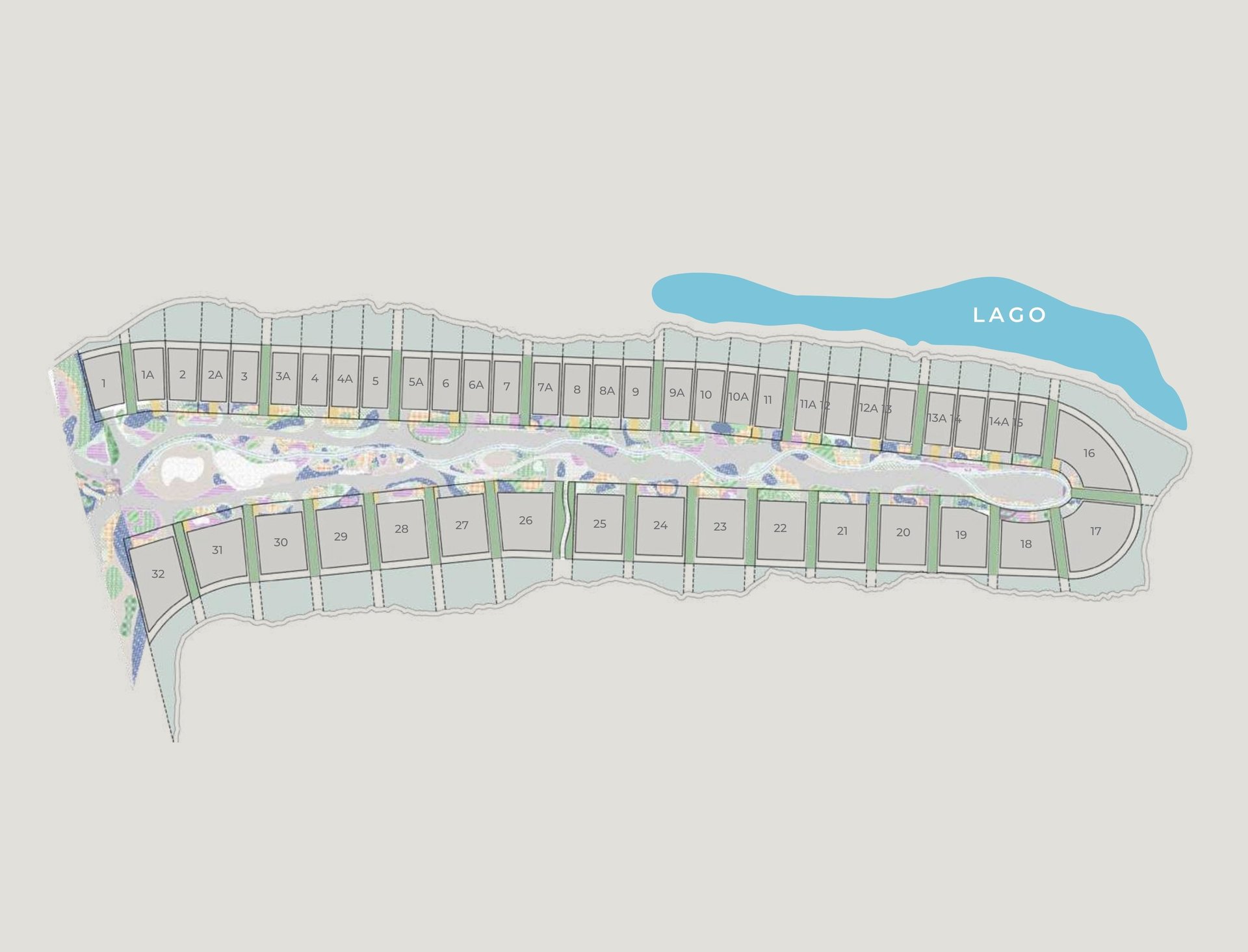 Aerial map view of a waterfront residential community with organized street layout and lagoon labeled at the top