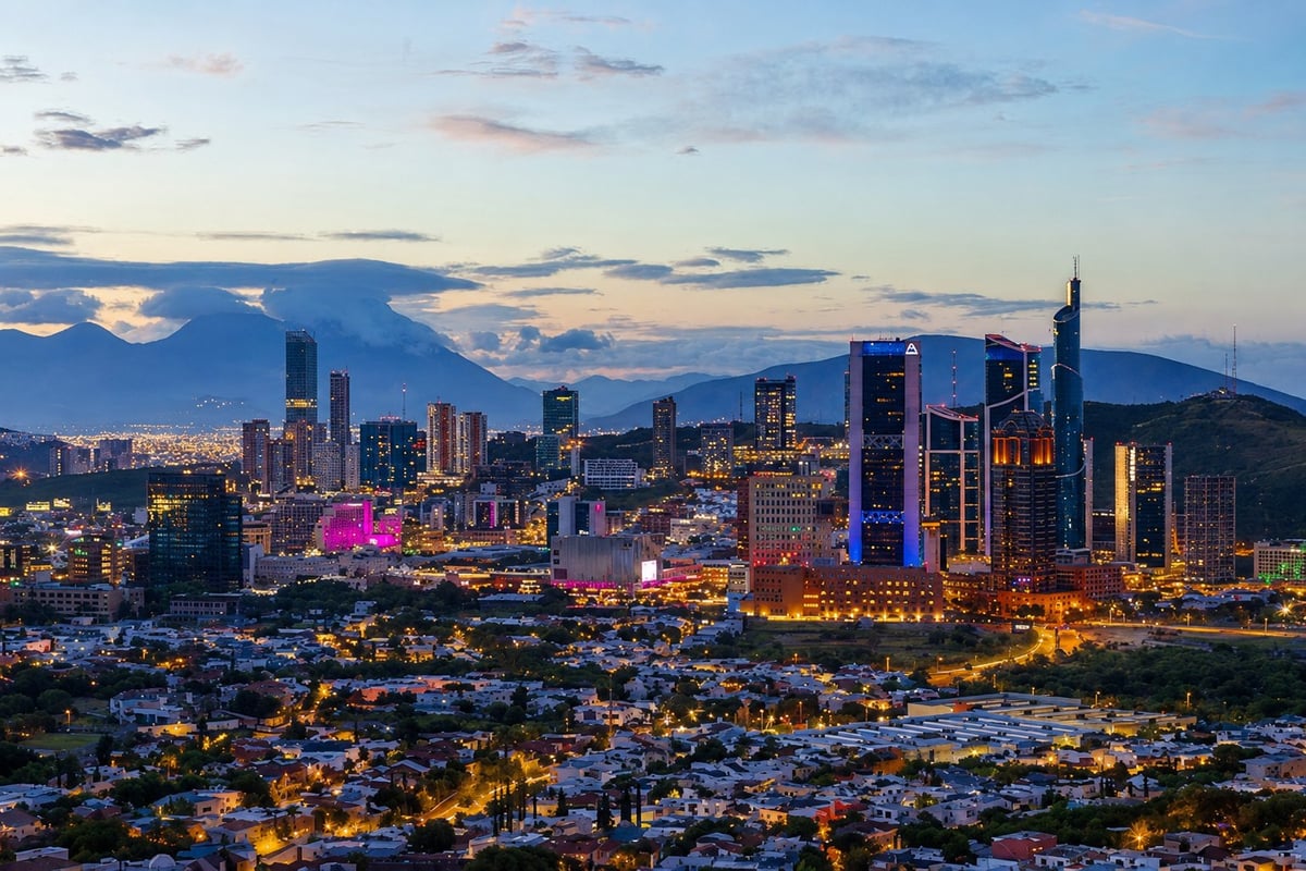 Illuminated Melbourne skyline at dusk with skyscrapers, cityscape lights, and snow-capped mountains in the background