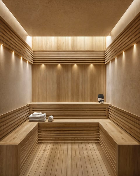 Modern wooden sauna interior with light wood paneling, heated bench seating, overhead lighting, and spa accessories