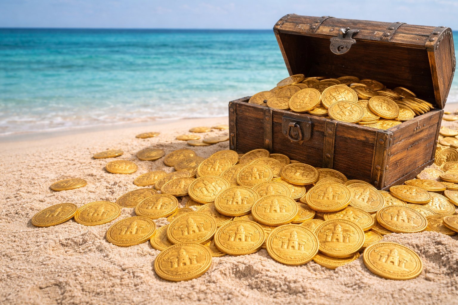 Wooden treasure chest overflowing with golden coins on a tropical beach with turquoise water