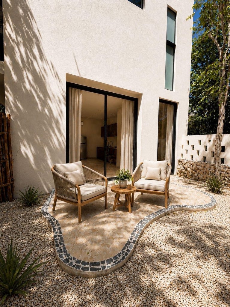 Modern courtyard with two woven chairs, small wooden table, and potted plants facing white building with glass doors