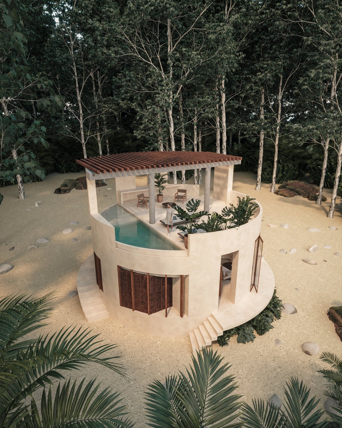 Aerial view of a modern round house with turquoise pool and pergola on sandy ground surrounded by tropical trees