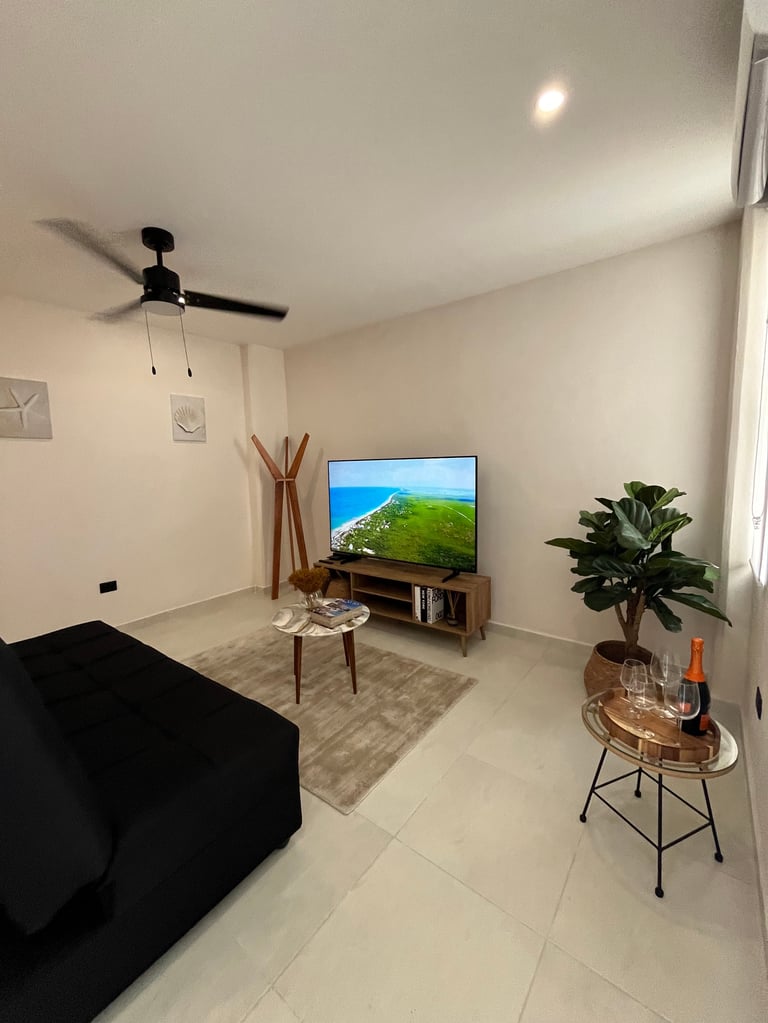 Modern living room with black sofa, wall-mounted TV, wooden furniture, potted plants, ceiling fan, and minimalist decor
